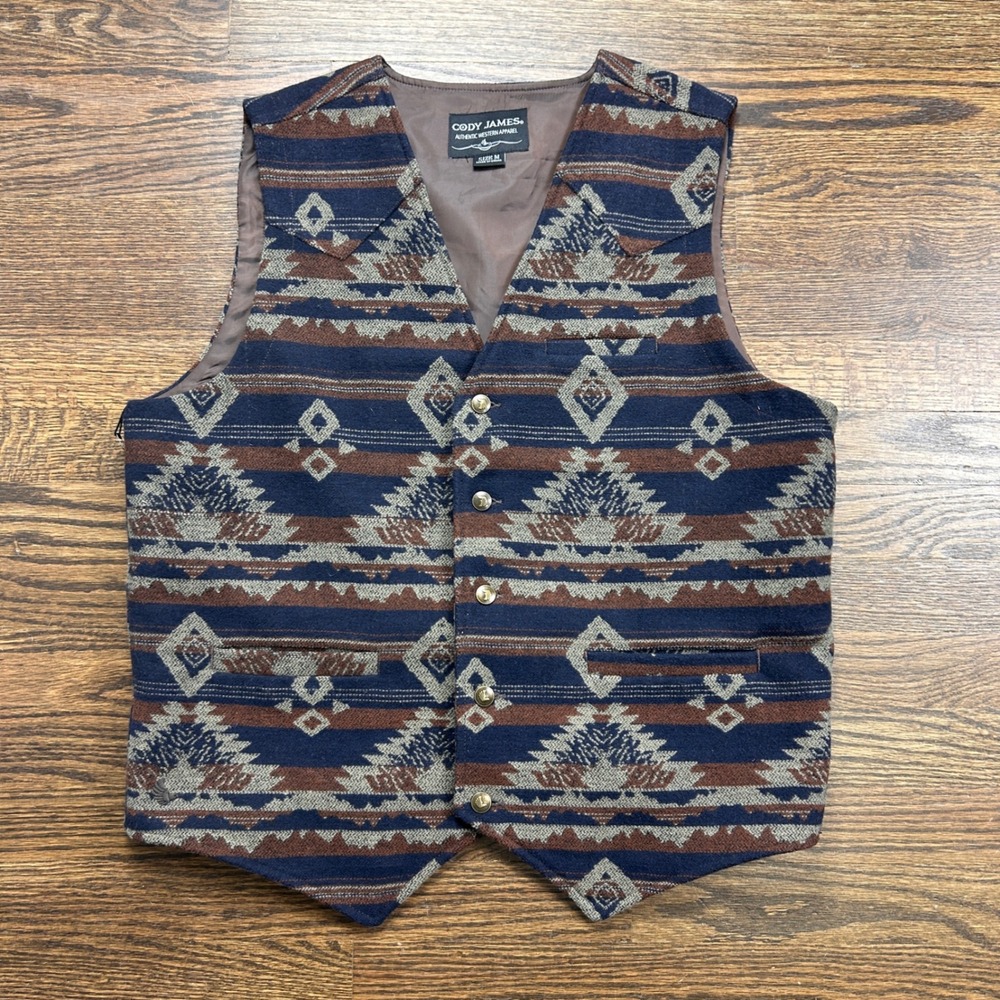 Cody James Vest Mens Medium Navy Blue Brown Western Aztec Southwestern NWT